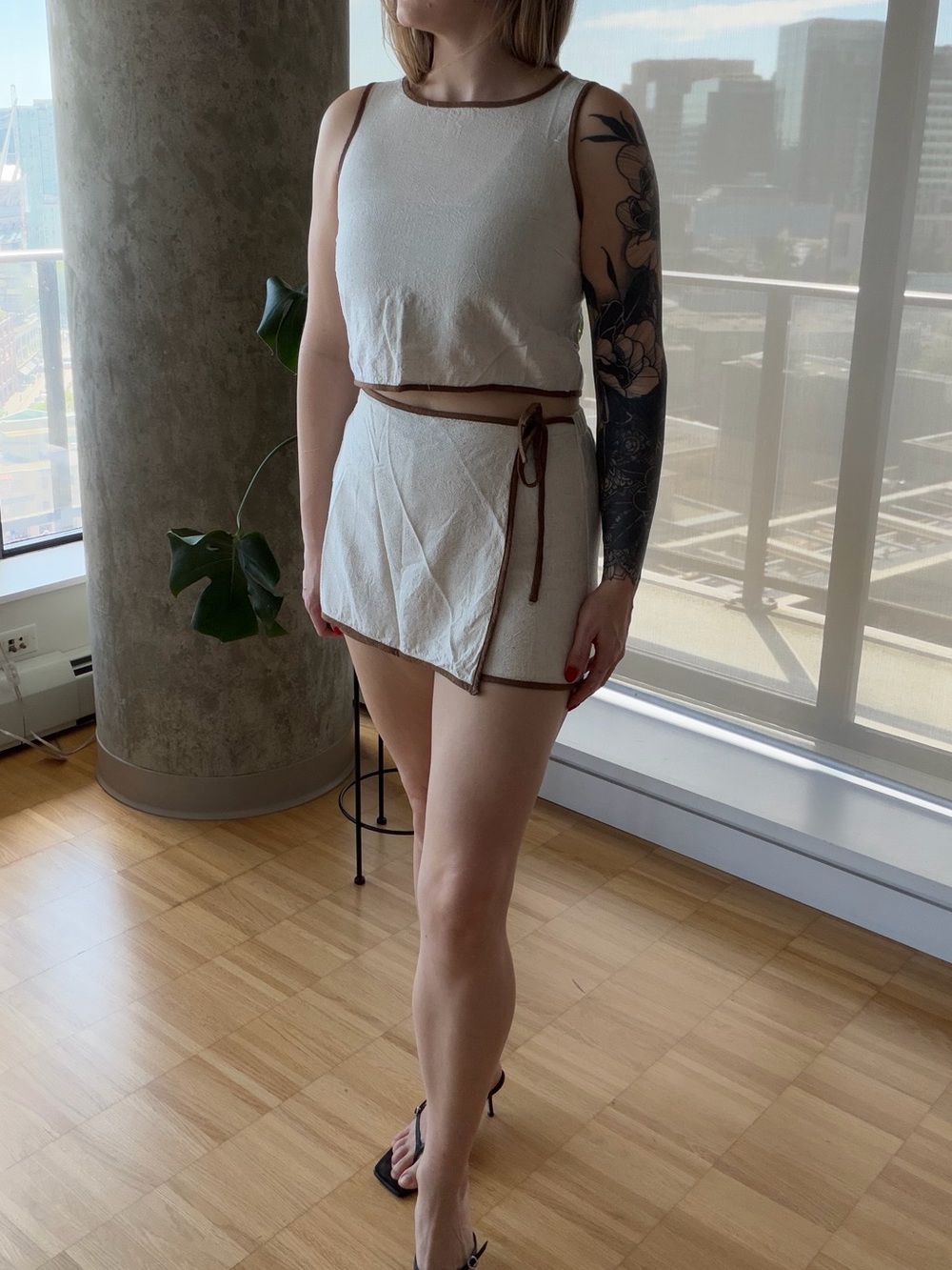 Linen Blend Wrap Skort & Contrast Trim Top set
